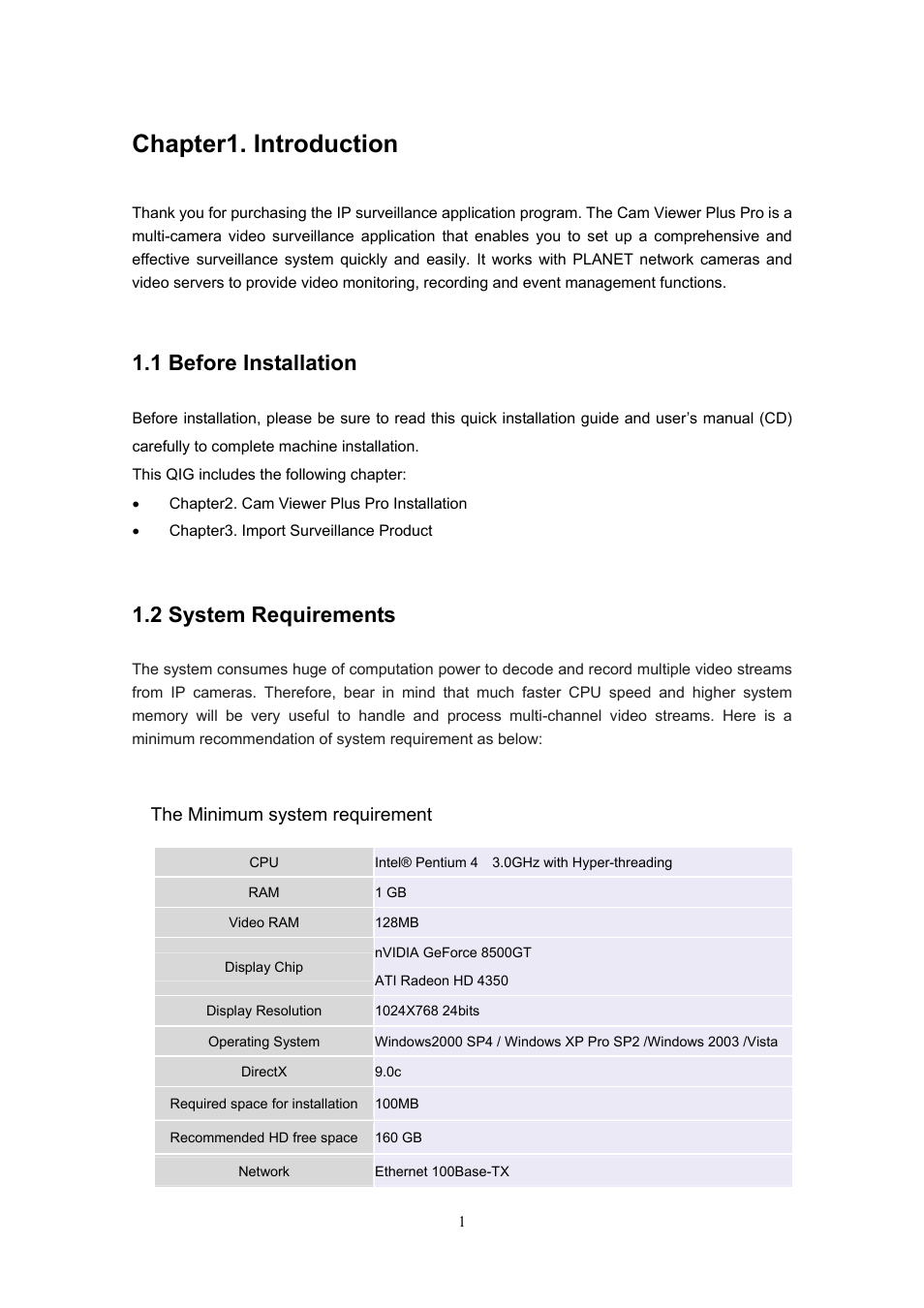 Chapter1. introduction, 1 before installation 1.2 system requirements | PLANET CVPP Series User Manual | Page 2 / 12