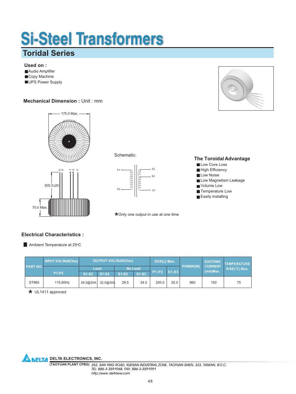 Delta Electronics Si-Steel Transformers Toridal Series User Manual | 1 page