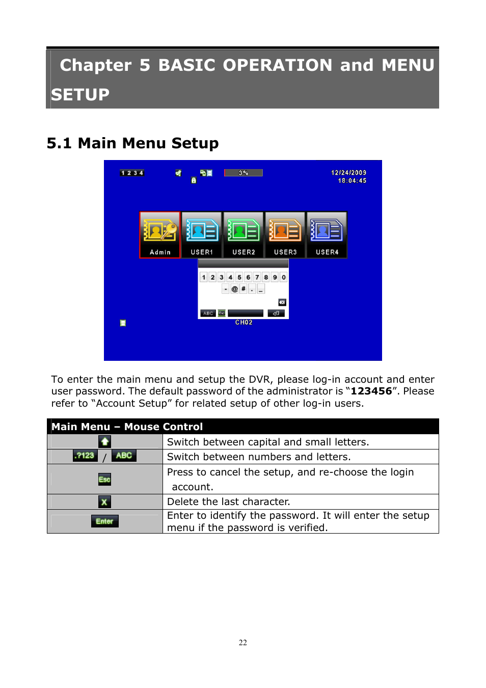 Chapter 5 basic operation and menu setup, 1 main menu setup | PLANET DVR-1672 User Manual | Page 28 / 100