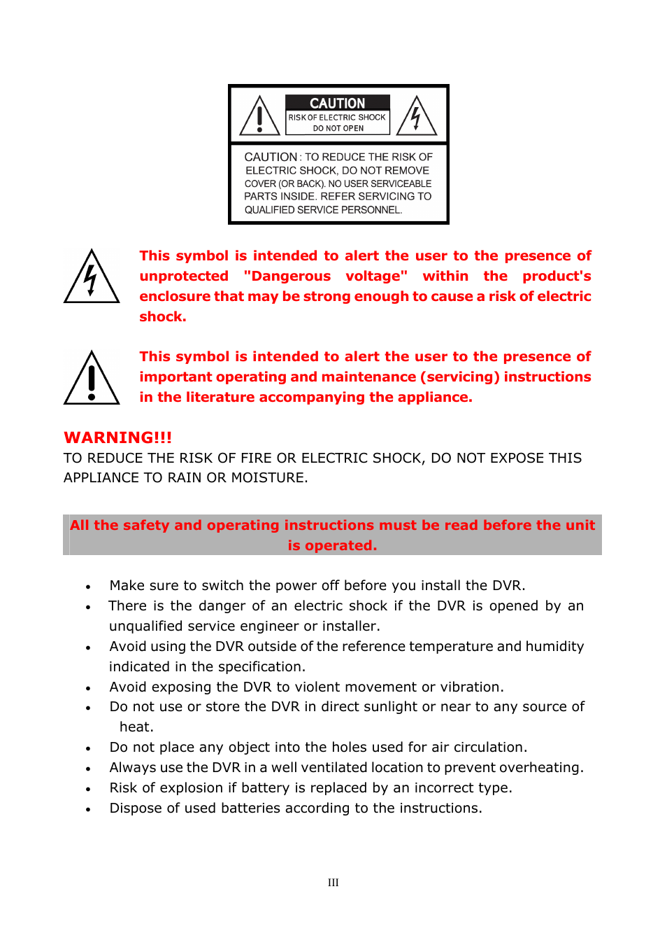 Warning | PLANET DVR-1672 User Manual | Page 4 / 100