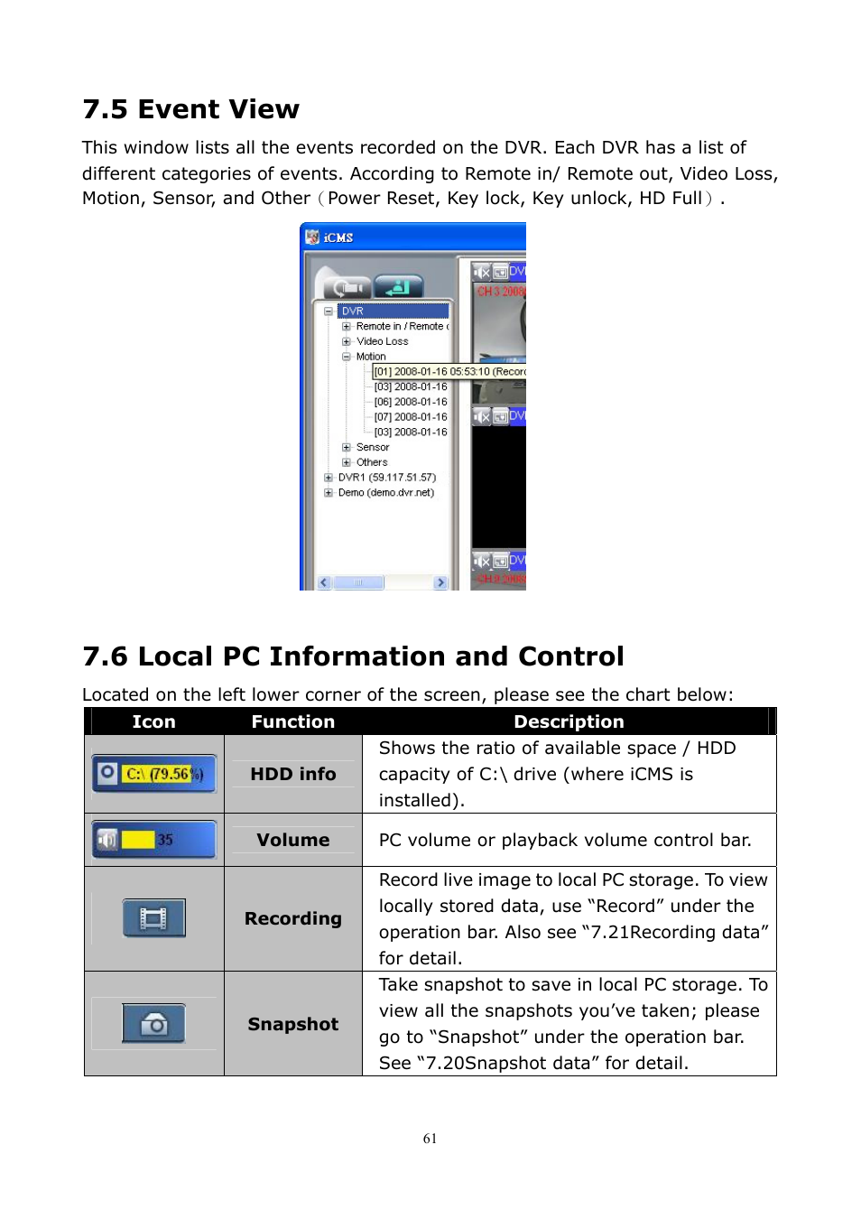 5 event view, 6 local pc information and control, 5 event view 7.6 local pc information and control | PLANET DVR-1672 User Manual | Page 67 / 100