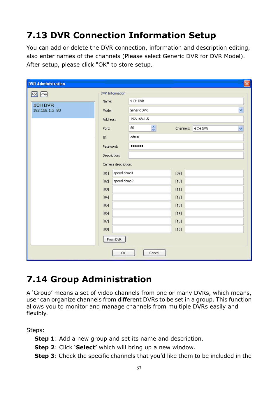 13 dvr connection information setup, 14 group administration | PLANET DVR-1672 User Manual | Page 73 / 100