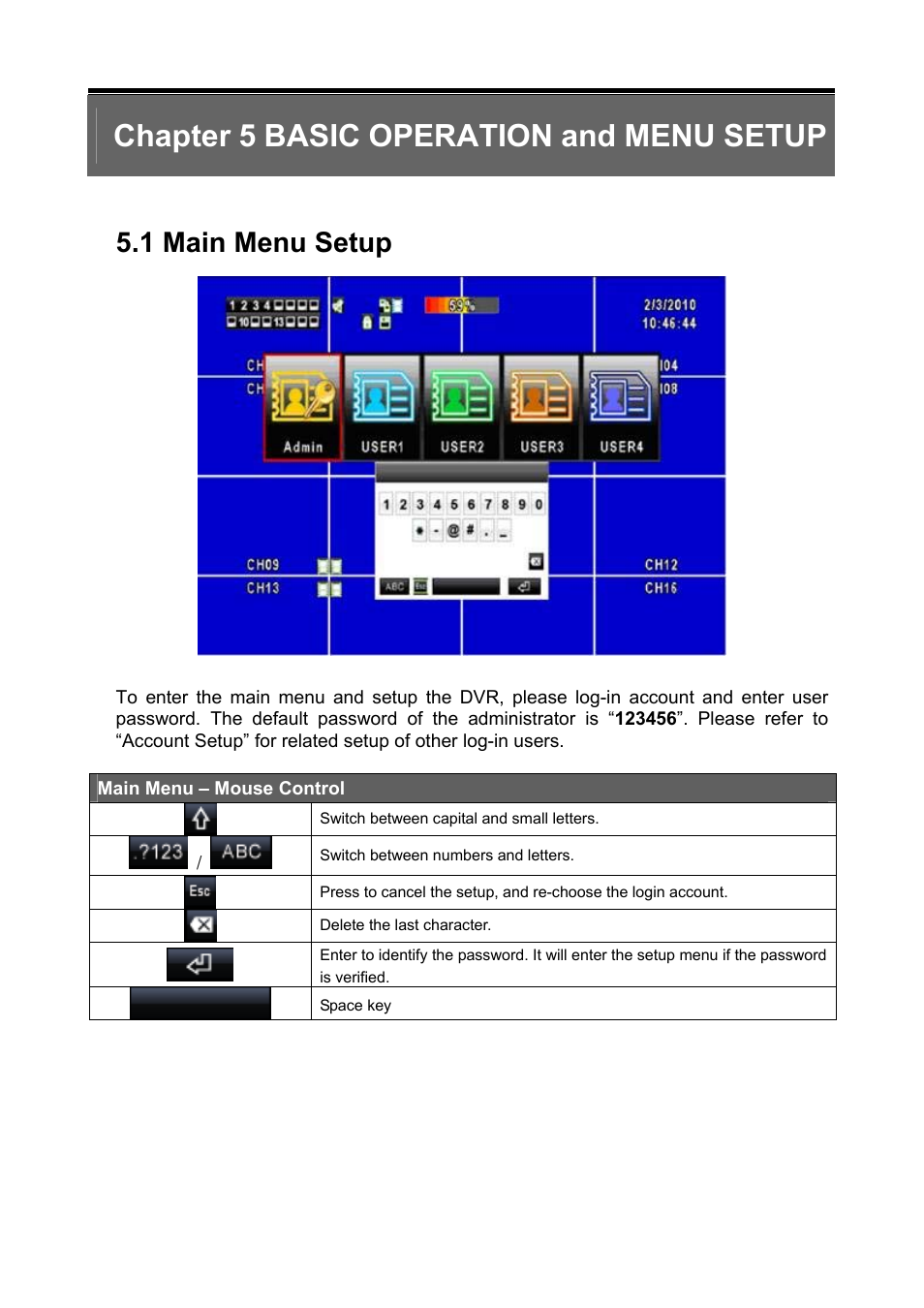 Chapter 5 basic operation and menu setup, 1 main menu setup | PLANET DVR-1672 User Manual | Page 24 / 90