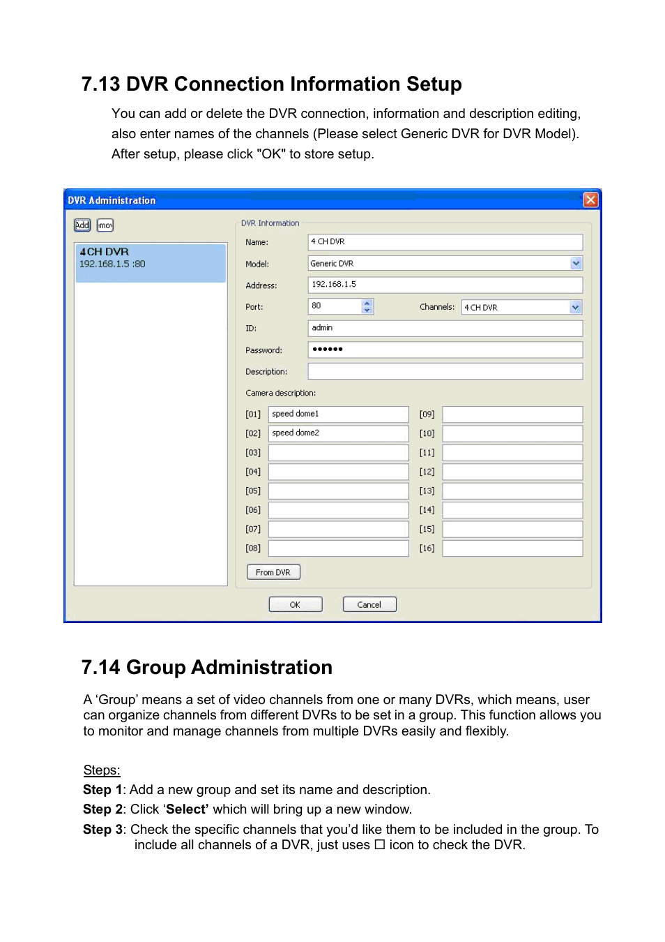 13 dvr connection information setup, 14 group administration | PLANET DVR-1672 User Manual | Page 67 / 90