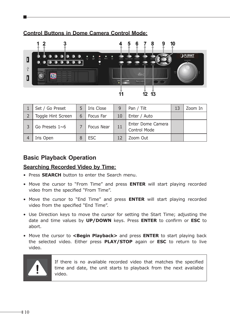 Basic playback operation, Control buttons in dome camera control mode, Searching recorded video by time | PLANET HDVR-1600 User Manual | Page 10 / 16