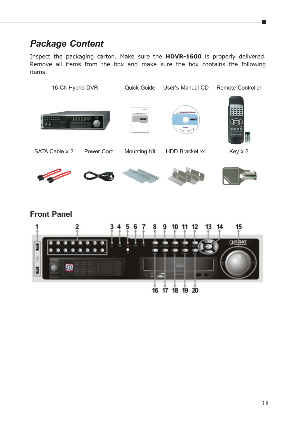 Package content, Front panel | PLANET HDVR-1600 User Manual | Page 3 / 16