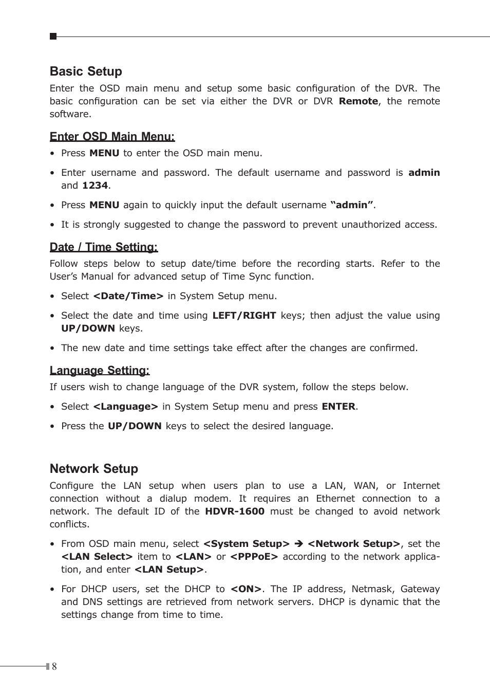 Basic setup, Network setup | PLANET HDVR-1600 User Manual | Page 8 / 16