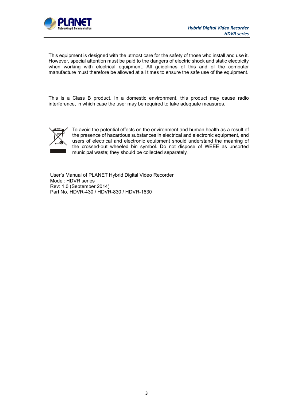 PLANET HDVR-1630 User Manual | Page 3 / 92
