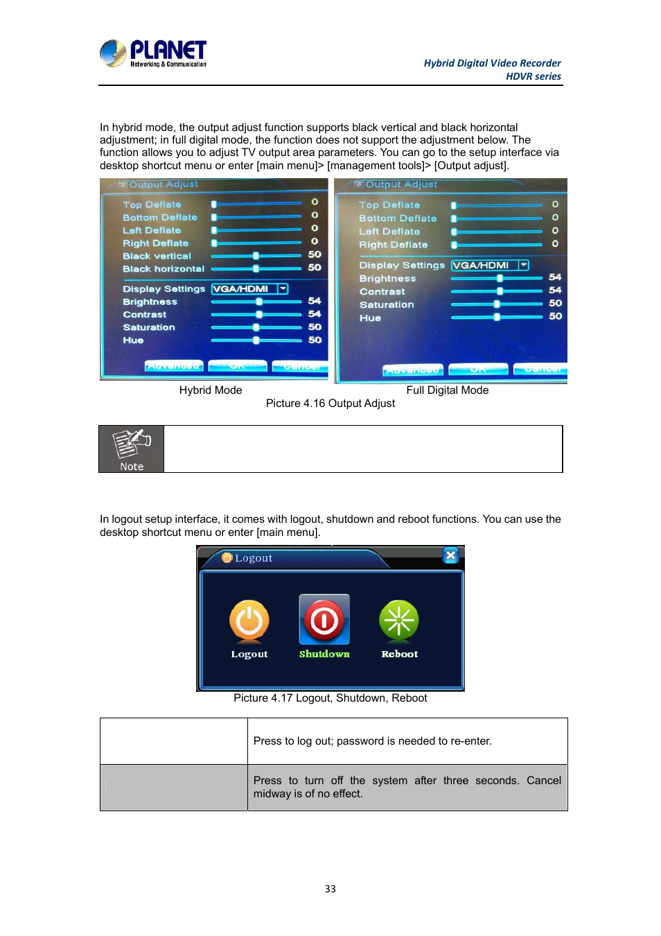 7 output adjust, 8 logout, 7 output adjust 4.3.8 logout | PLANET HDVR-1630 User Manual | Page 33 / 92