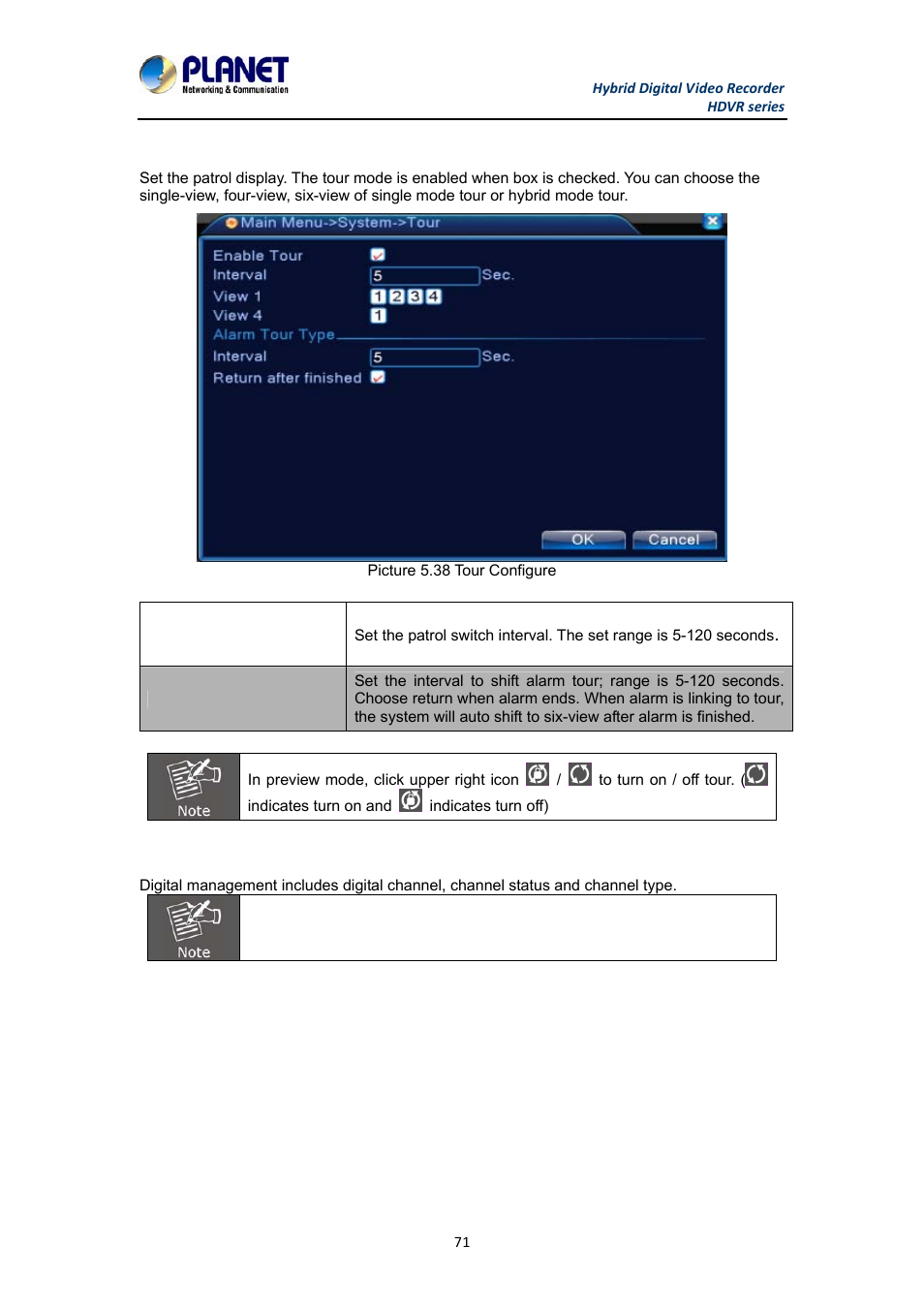 8 tour, 9 channel management, 8 tour 5.4.9 channel management | PLANET HDVR-1630 User Manual | Page 71 / 92