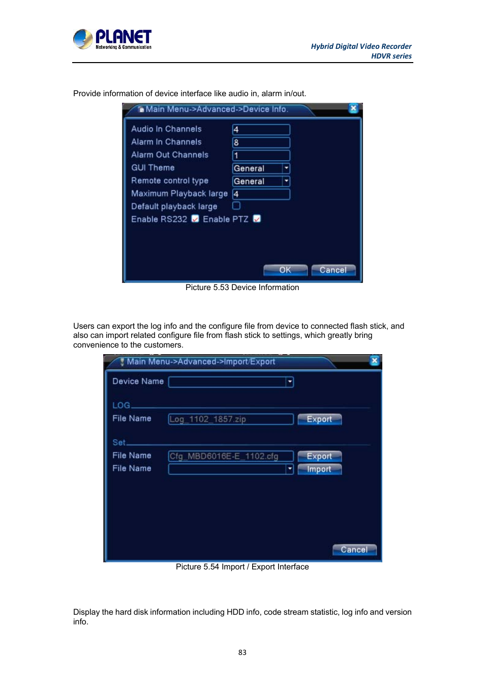 8 device info, 9 import / export, 6 info | 8 device info 5.5.9 import / export | PLANET HDVR-1630 User Manual | Page 83 / 92
