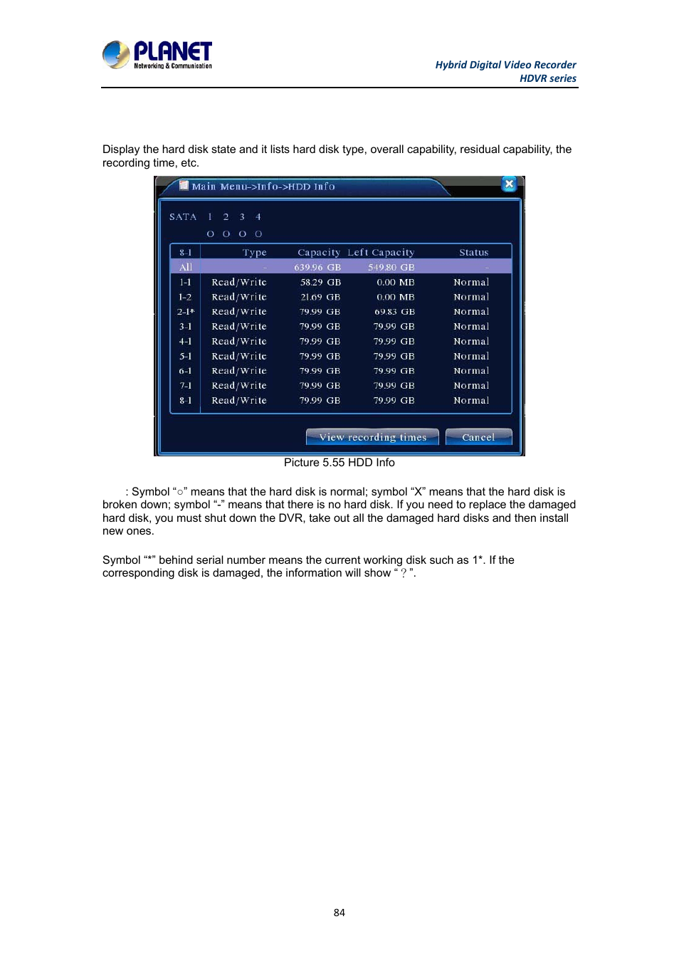 1 hdd info | PLANET HDVR-1630 User Manual | Page 84 / 92