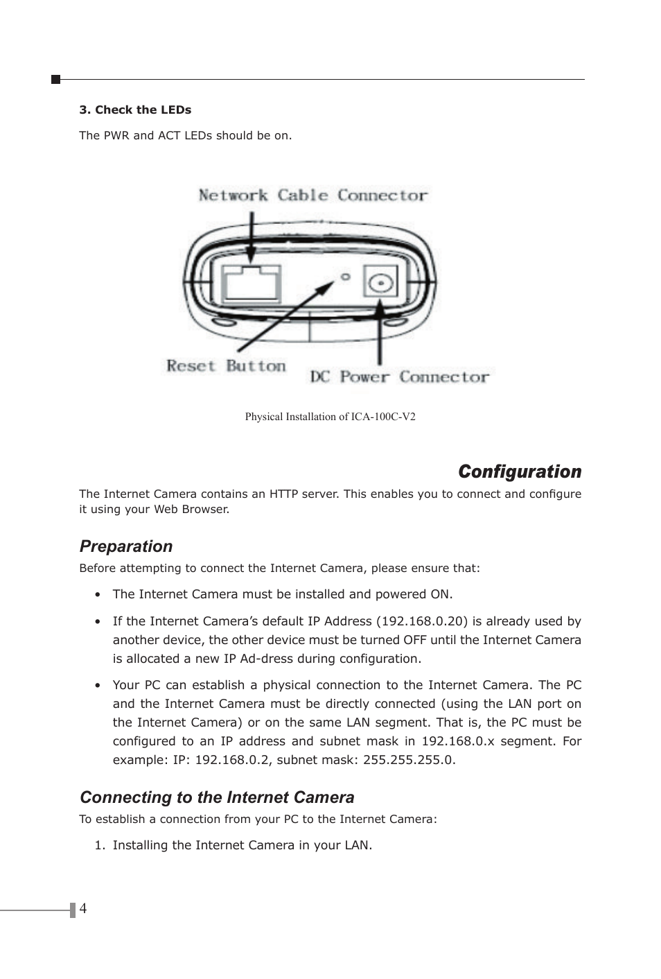 Configuration, Preparation, Connecting to the internet camera | PLANET ICA-100C User Manual | Page 6 / 20
