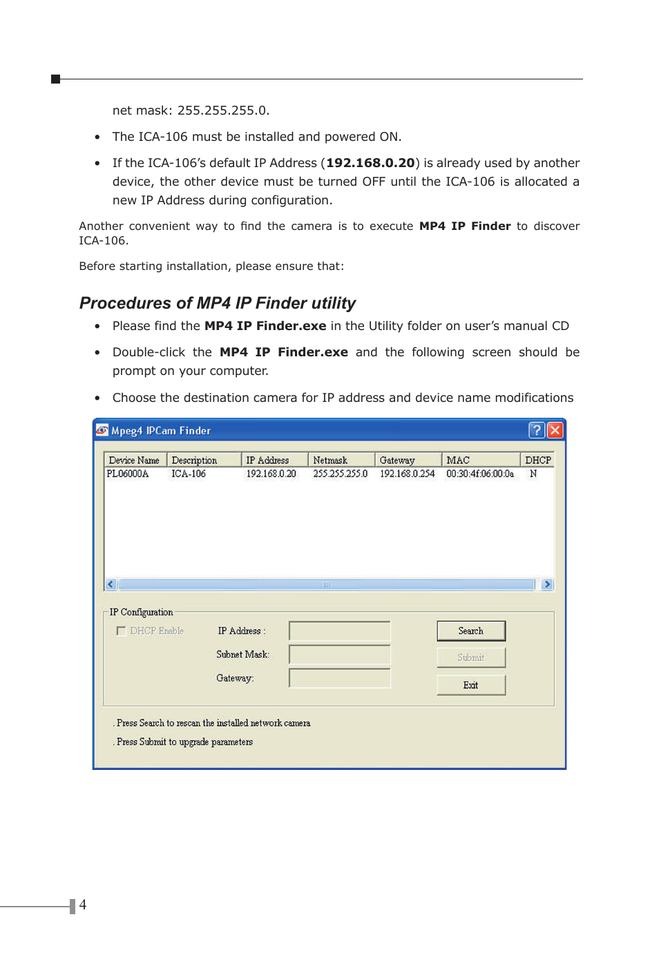 Procedures of mp4 ip finder utility | PLANET ICA-106 User Manual | Page 6 / 8