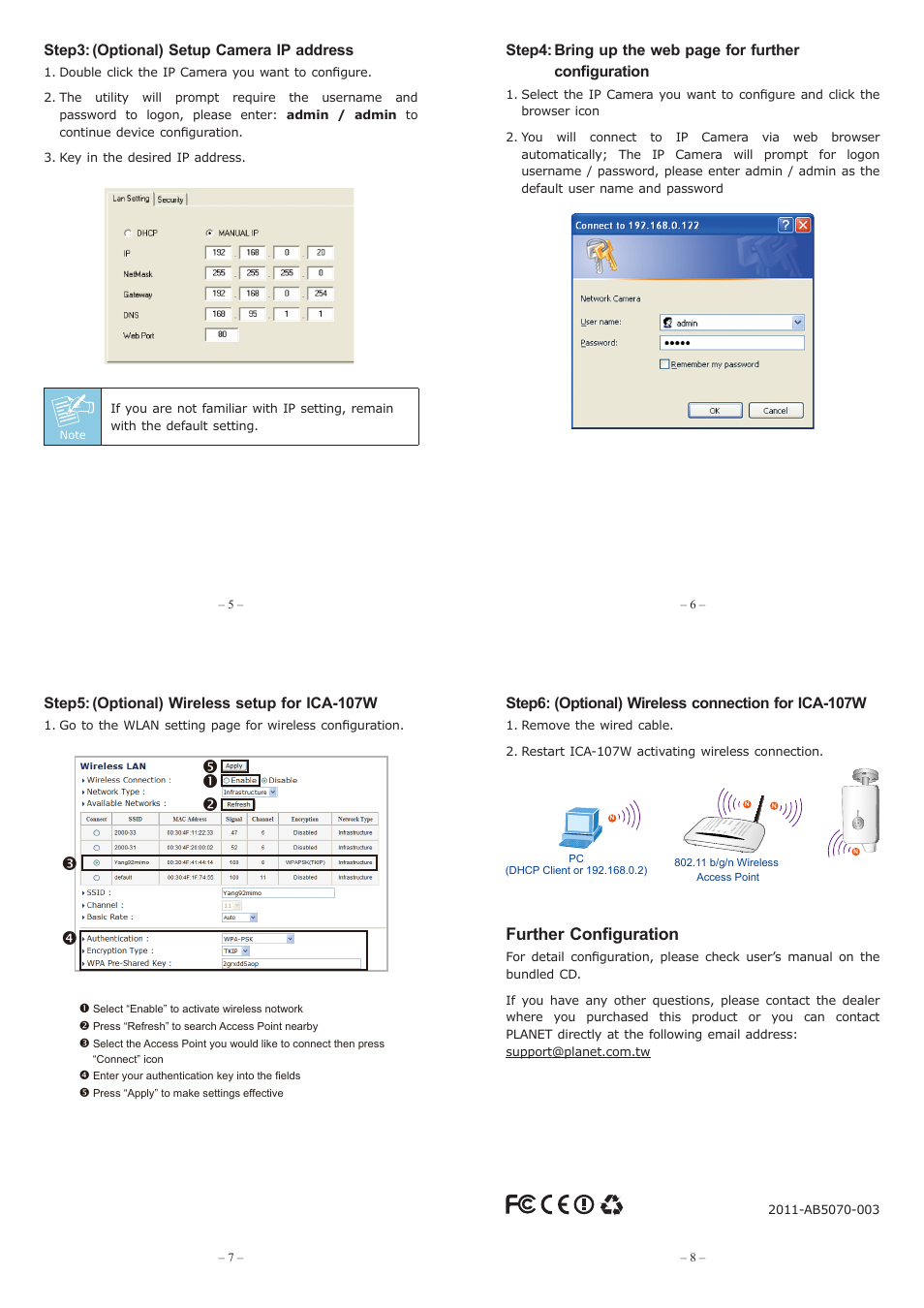 Ке з й и, Further configuration, Step3: (optional) setup camera ip address | Step5: (optional) wireless setup for ica-107w, Step6: (optional) wireless connection for ica-107w | PLANET ICA-107 User Manual | Page 2 / 2