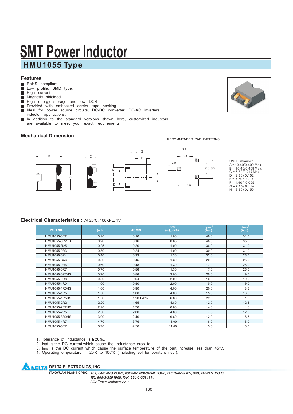 Delta Electronics SMT Power Inductor HMU1055 User Manual | 1 page