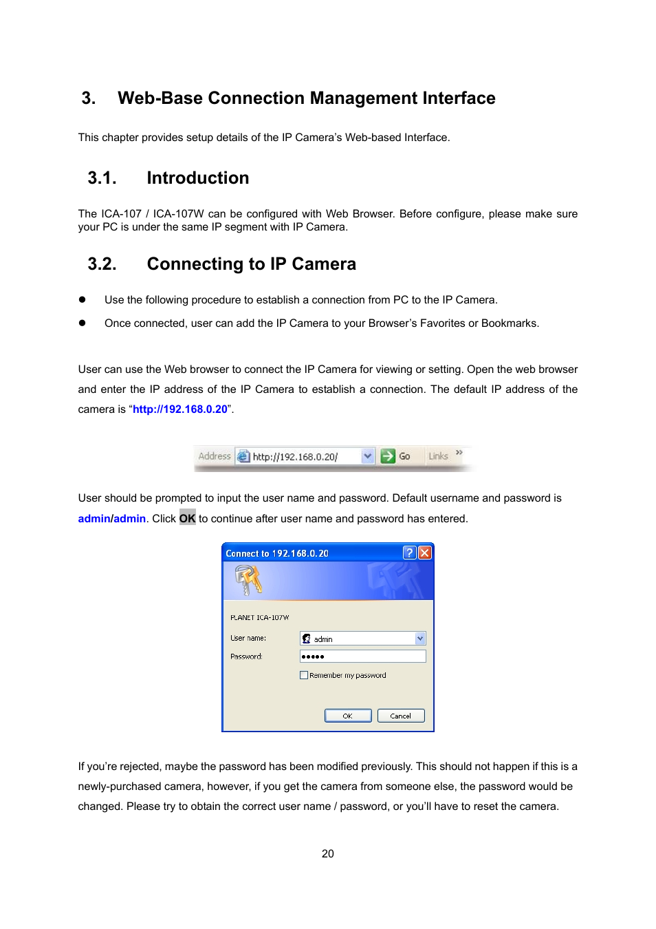 Web-base connection management interface, Introduction, Connecting to ip camera | Web-base connection management interface 3 | PLANET ICA-107 User Manual | Page 24 / 54