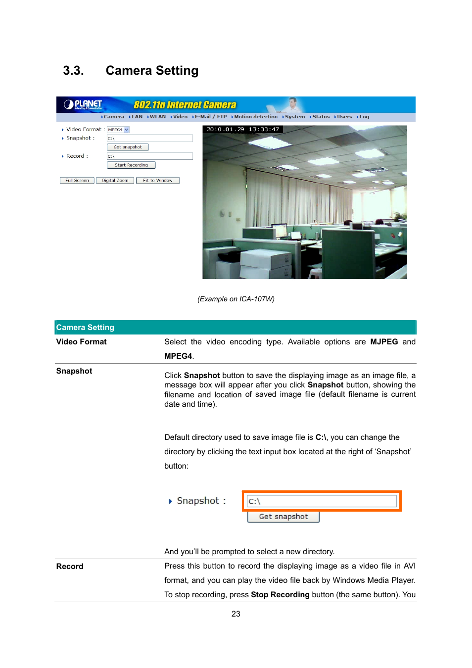 Camera setting | PLANET ICA-107 User Manual | Page 27 / 54