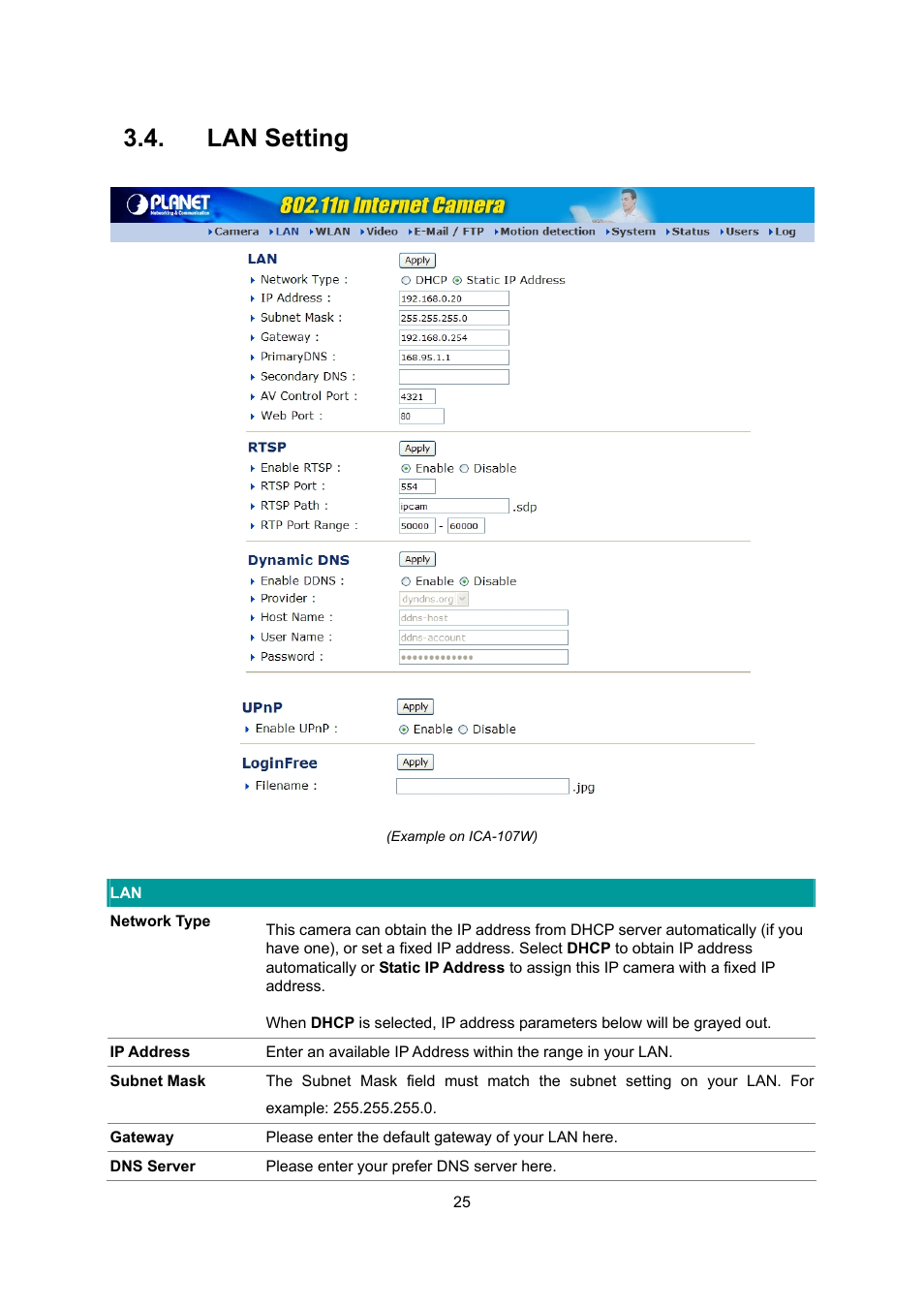 Lan setting | PLANET ICA-107 User Manual | Page 29 / 54