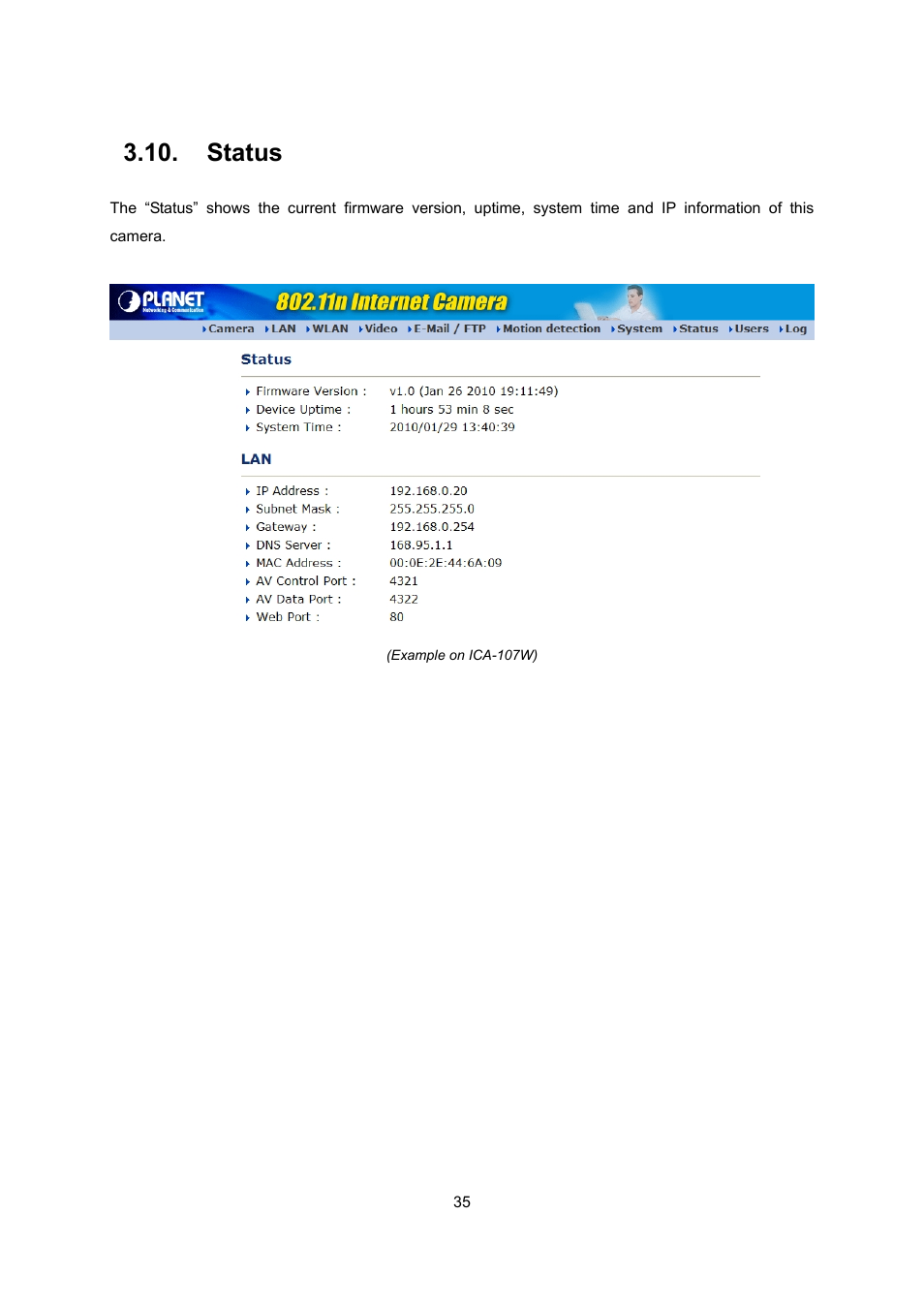 Status, Stat | PLANET ICA-107 User Manual | Page 39 / 54