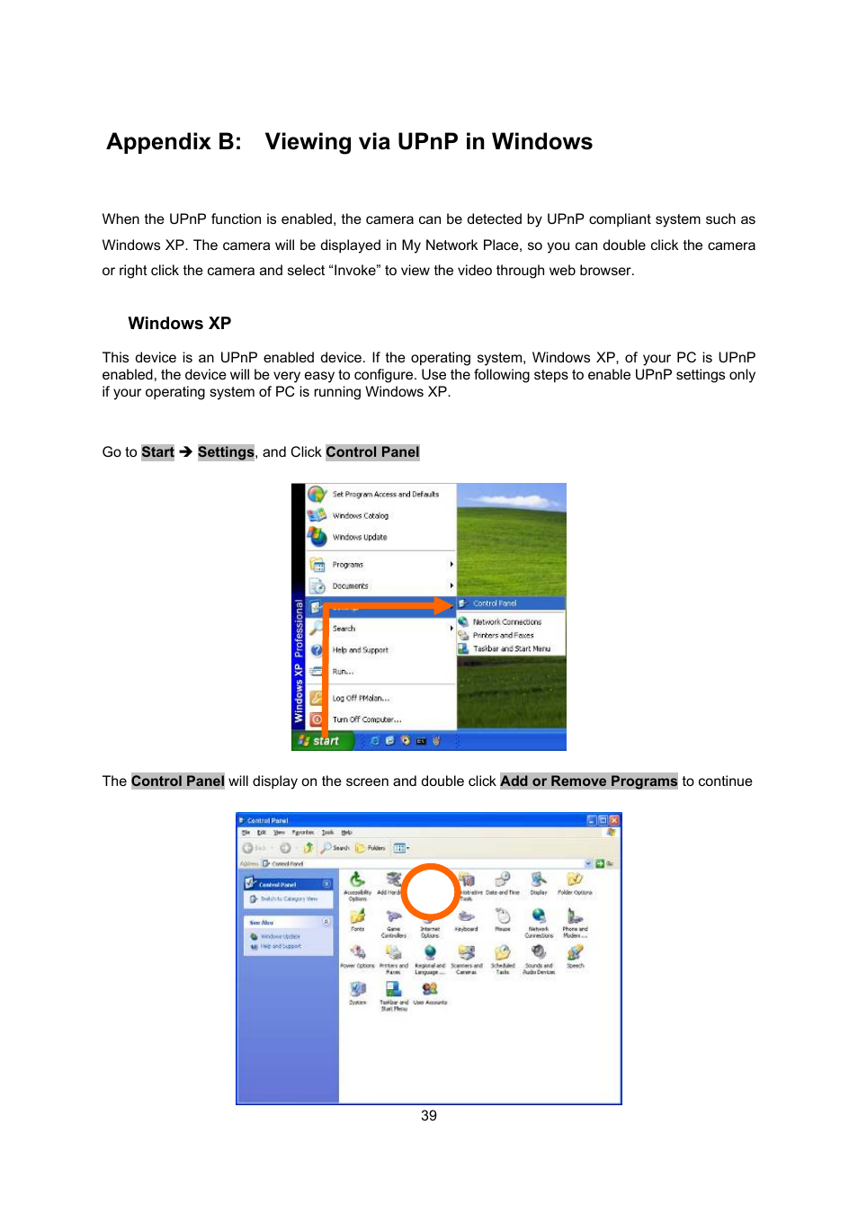 Appendix b: viewing via upnp in windows, Windows xp | PLANET ICA-107 User Manual | Page 43 / 54