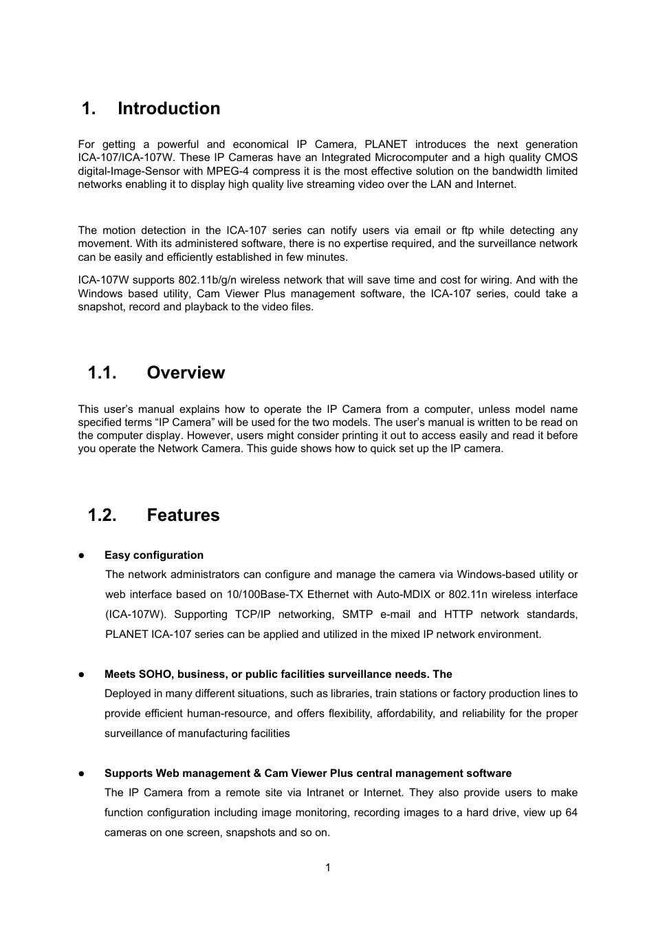 Introduction, Overview, Features | PLANET ICA-107 User Manual | Page 5 / 54