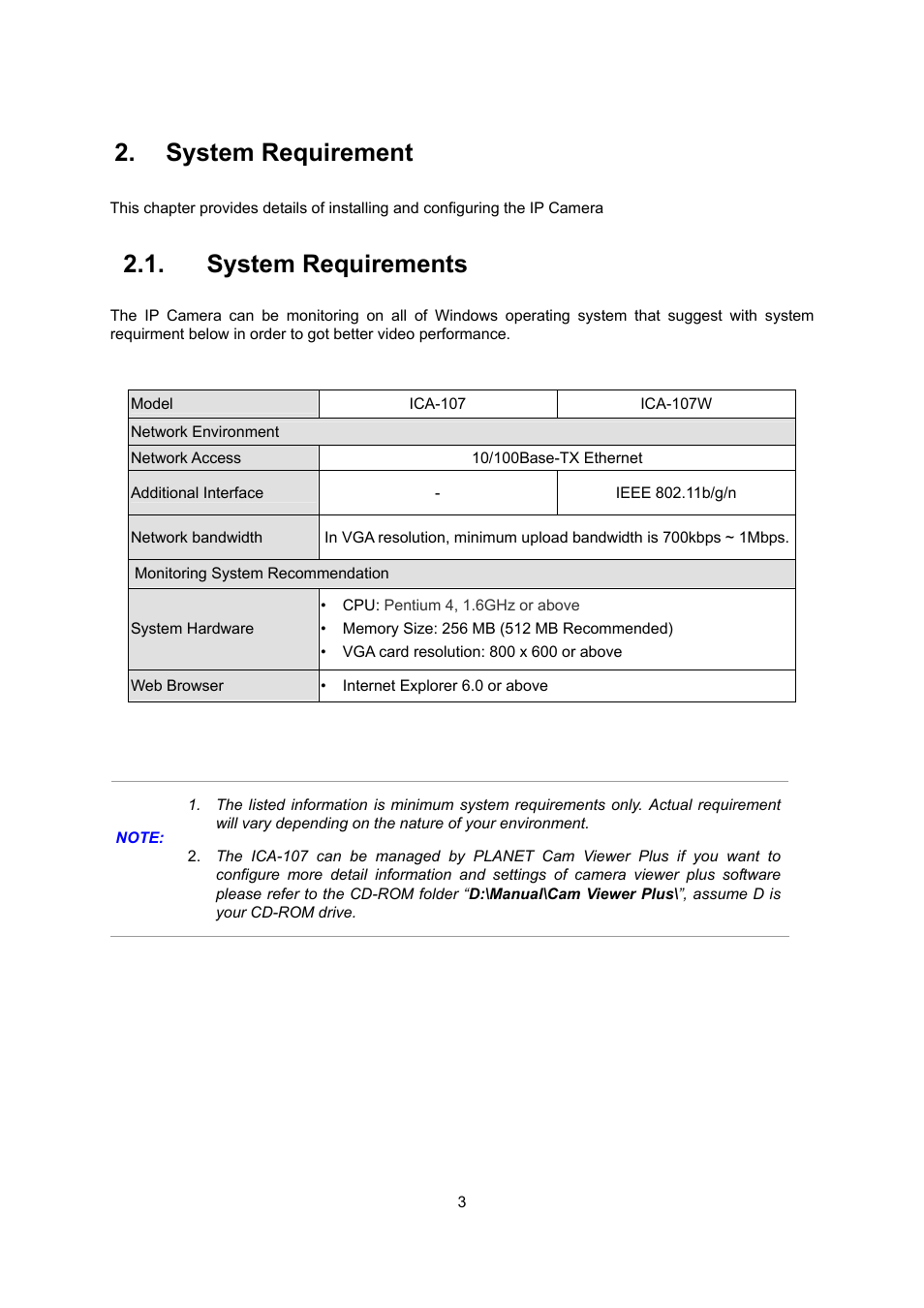System requirement, System requirements | PLANET ICA-107 User Manual | Page 7 / 54