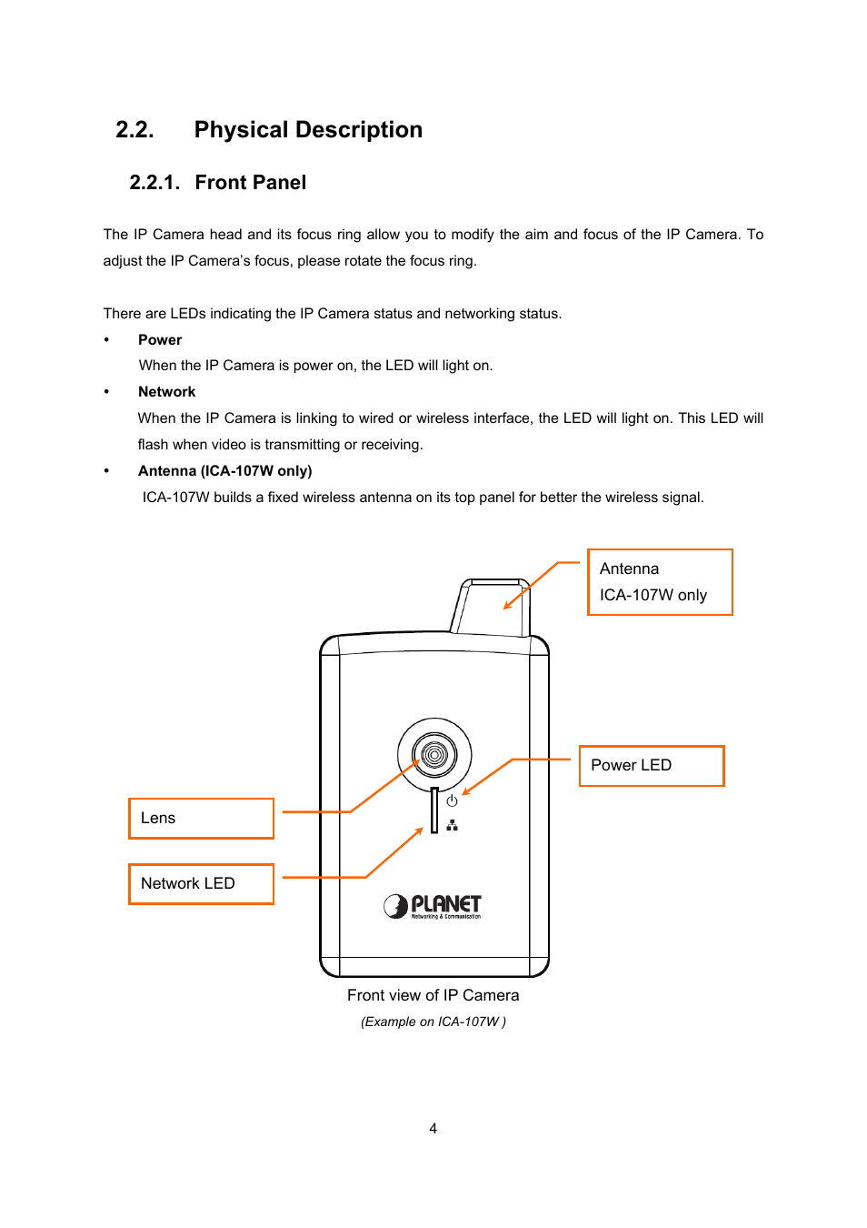 Physical description, Front panel | PLANET ICA-107 User Manual | Page 8 / 54