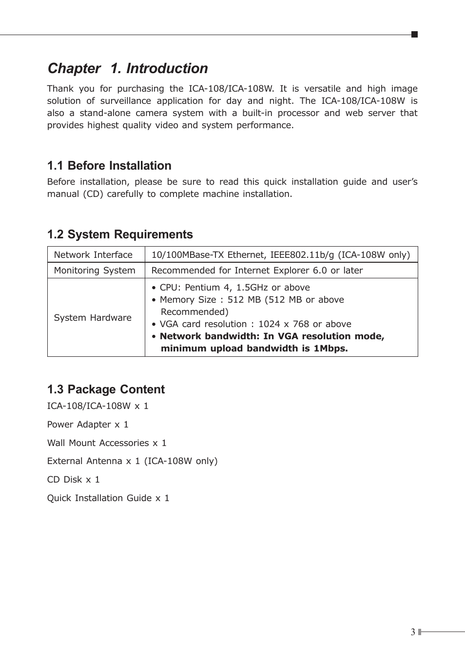 Chapter 1. introduction, 1 before installation, 2 system requirements | 3 package content | PLANET ICA-108 User Manual | Page 3 / 16