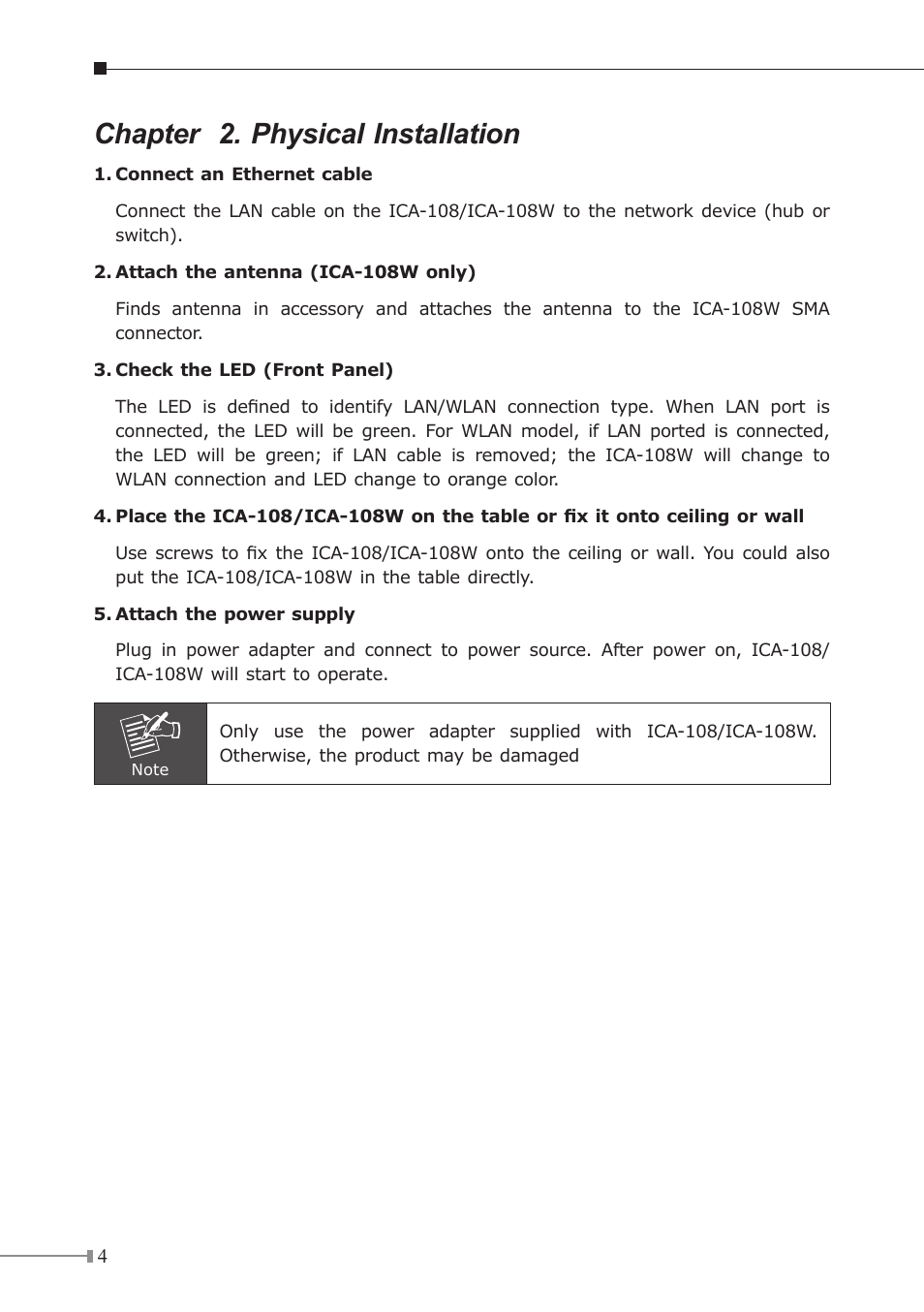 Chapter 2. physical installation | PLANET ICA-108 User Manual | Page 4 / 16