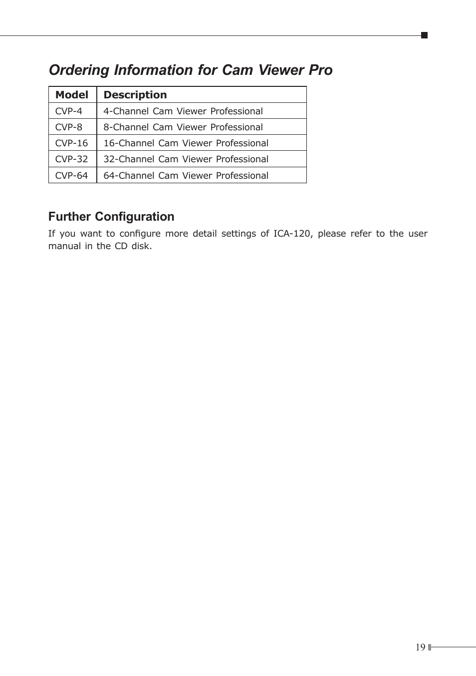 Ordering information for cam viewer pro, Further configuration | PLANET ICA-120 User Manual | Page 19 / 20