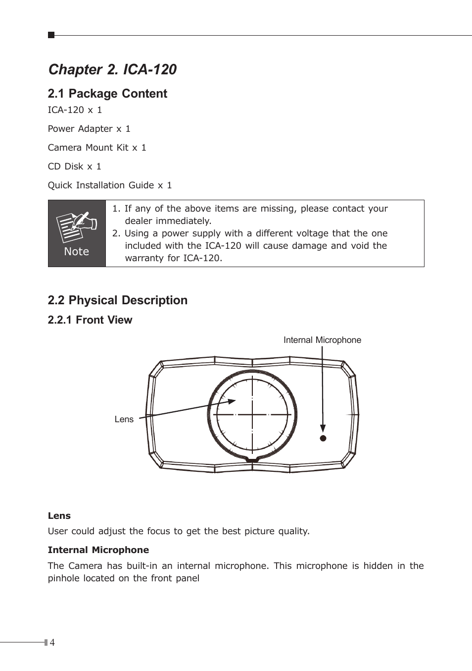 Chapter 2. ica-120, 1 package content, 2 physical description | PLANET ICA-120 User Manual | Page 4 / 20