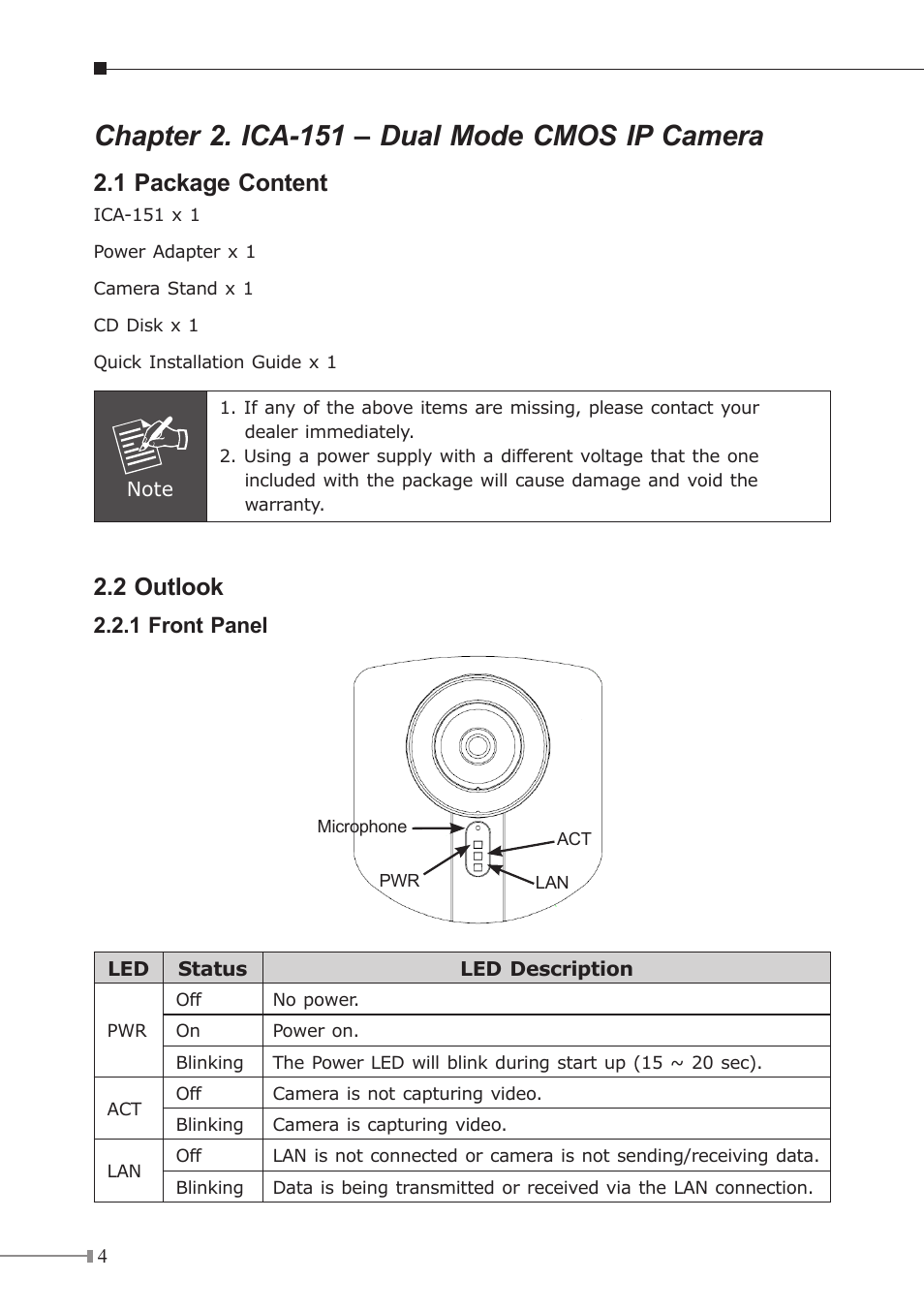 Chapter 2. ica-151 – dual mode cmos ip camera, 1 package content, 2 outlook | PLANET ICA-151 User Manual | Page 4 / 24