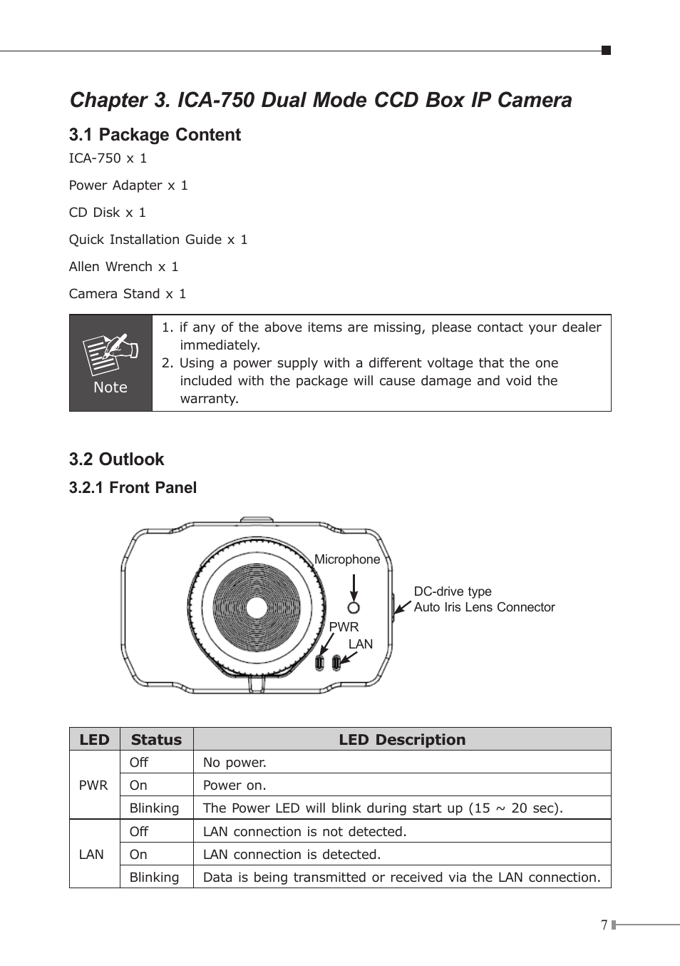 Chapter 3. ica-750 dual mode ccd box ip camera, 1 package content, 2 outlook | PLANET ICA-151 User Manual | Page 7 / 24