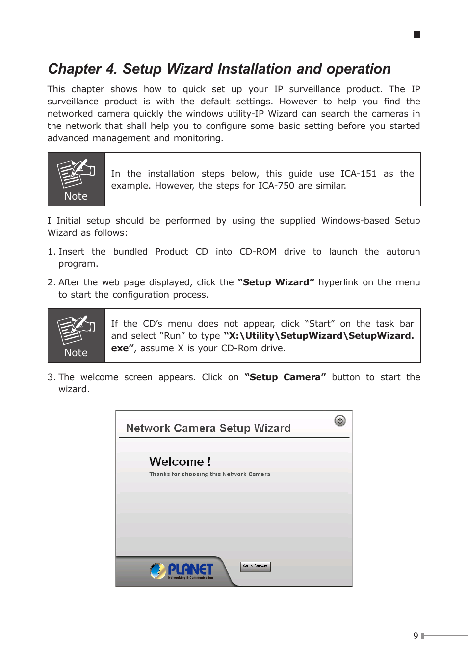 Chapter 4. setup wizard installation and operation | PLANET ICA-151 User Manual | Page 9 / 24