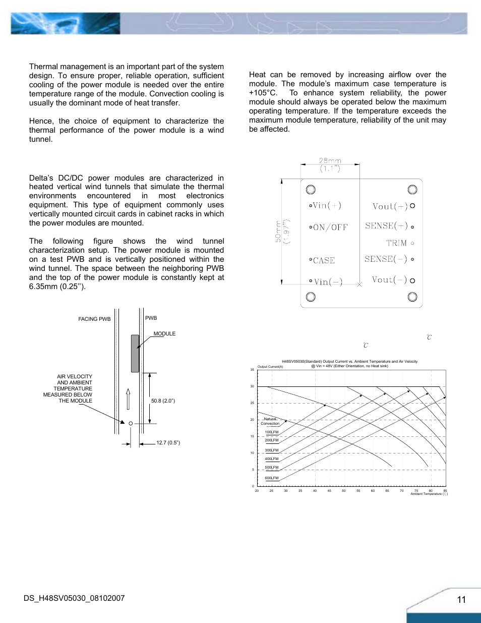 Thermal considerations, Thermal curves, Thermal testing setup | Figure 20: wind tunnel test setup, Figure 21: hot spot temperature measured point, 48v, transverse orientation, no heat sink) | Delta Electronics H48SV User Manual | Page 11 / 13