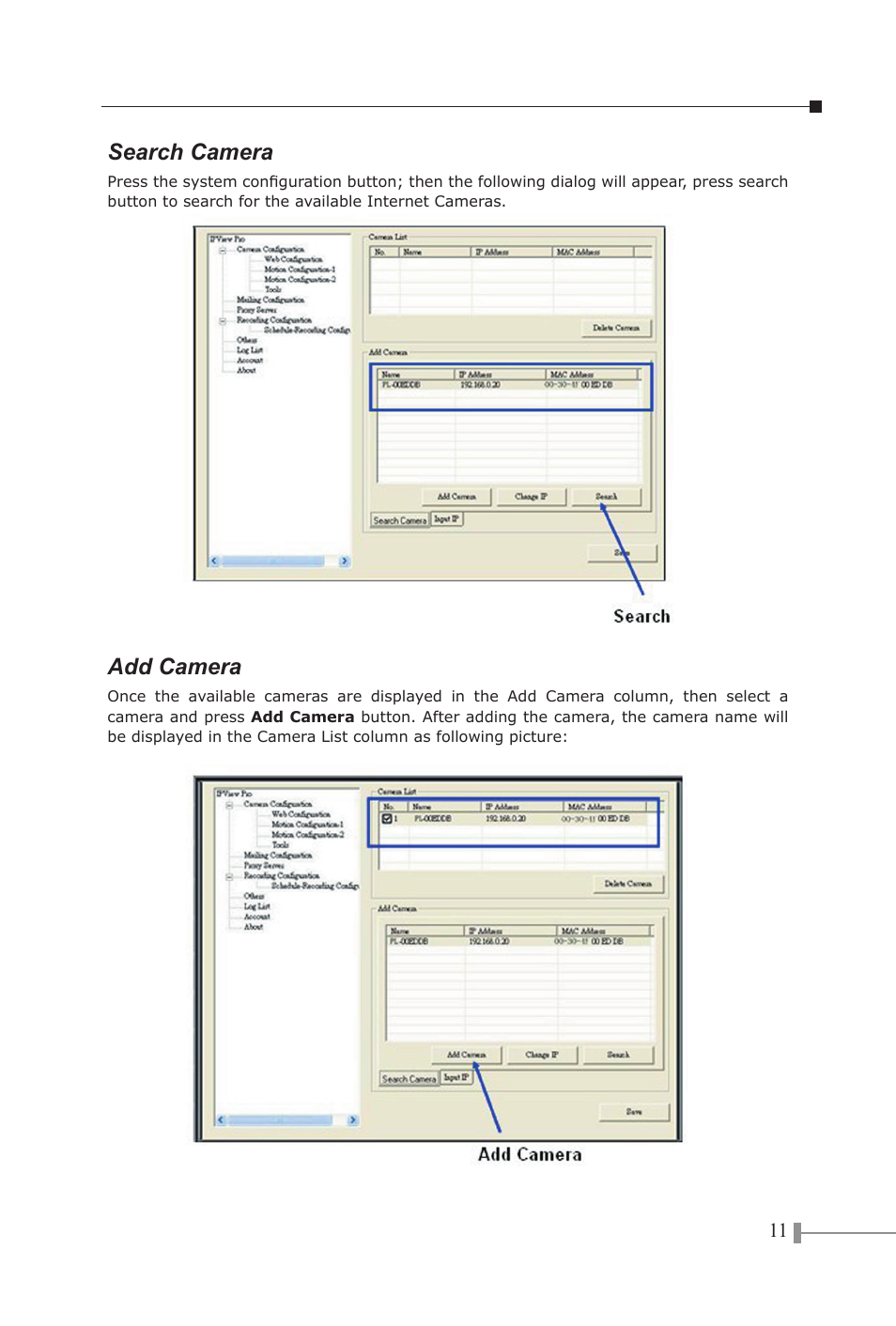 Search camera, Add camera | PLANET ICA-210 User Manual | Page 13 / 16