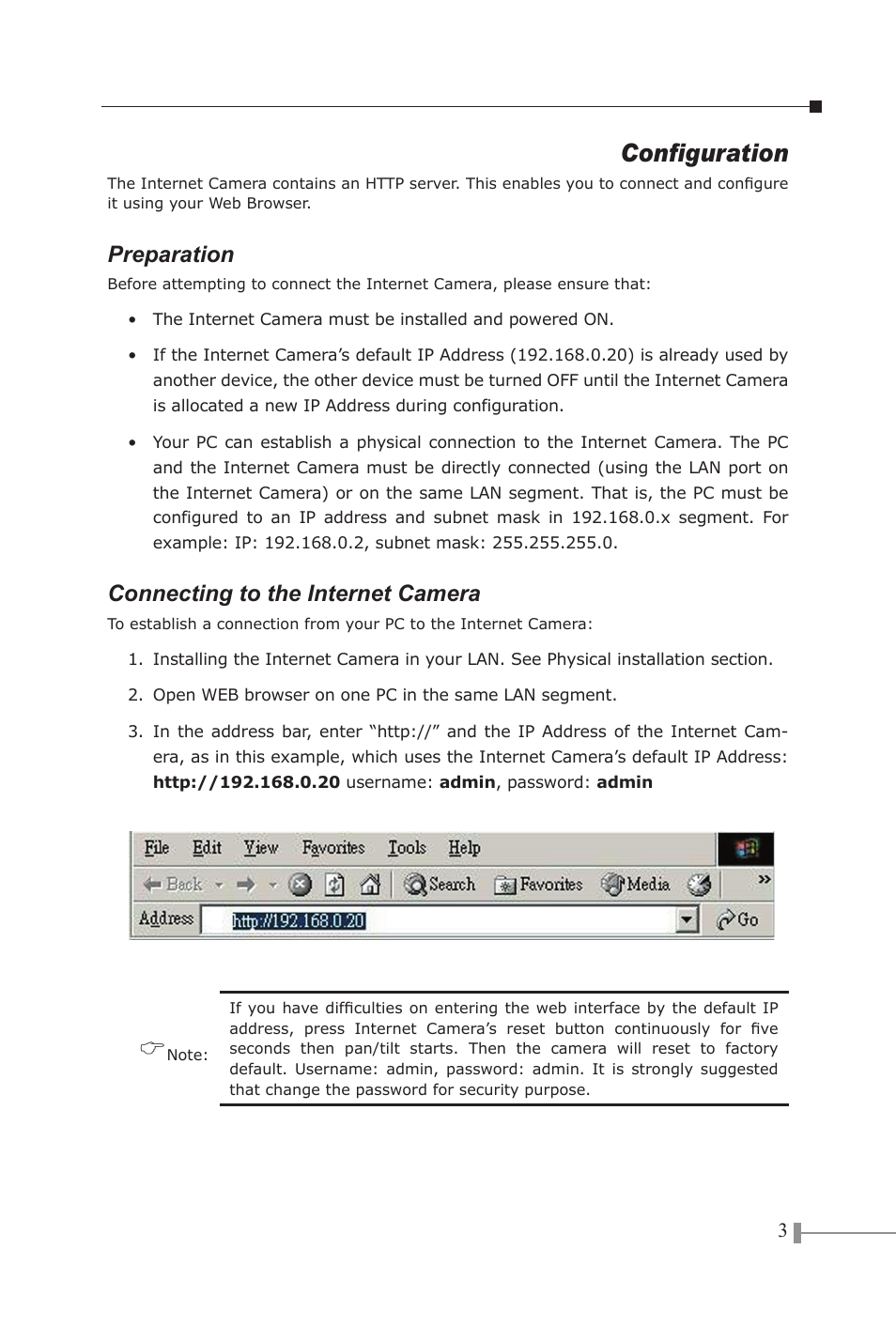 Configuration, Preparation, Connecting to the internet camera | PLANET ICA-210 User Manual | Page 5 / 16