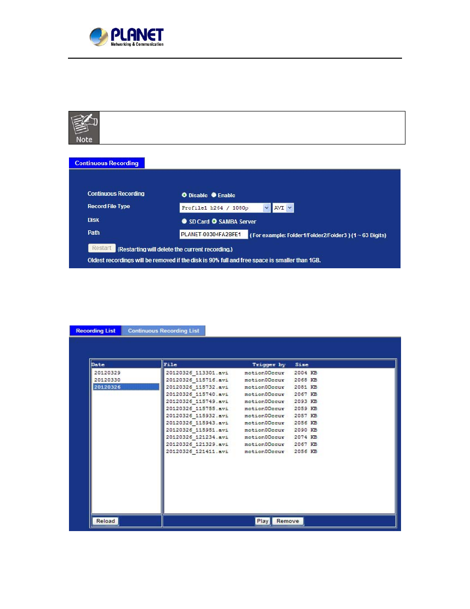 15 continuous recording, 16 recording list, Continuous recording | Recording list | PLANET ICA-2250VT User Manual | Page 75 / 97