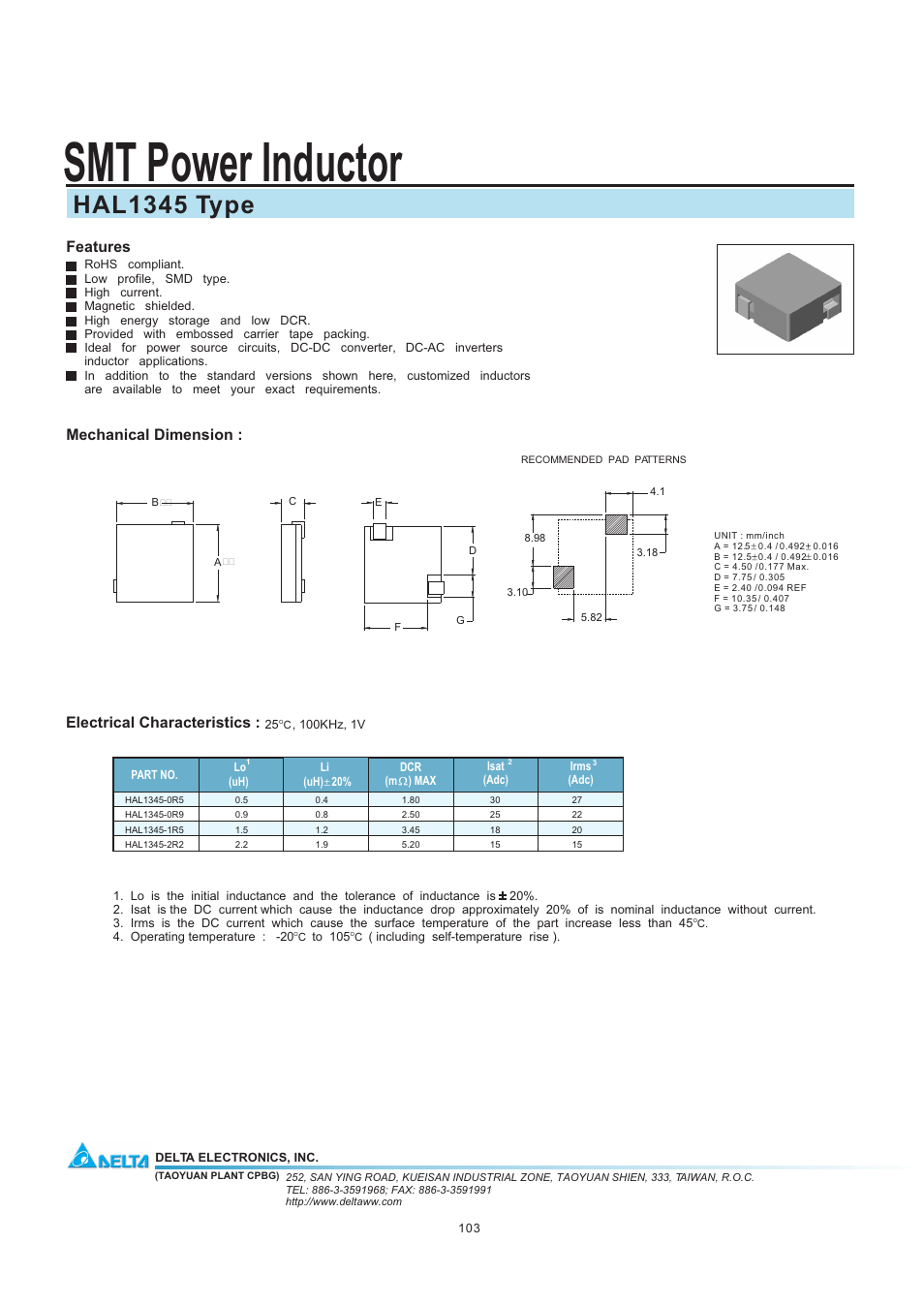 Delta Electronics SMT Power Inductor HAL1345 User Manual | 1 page