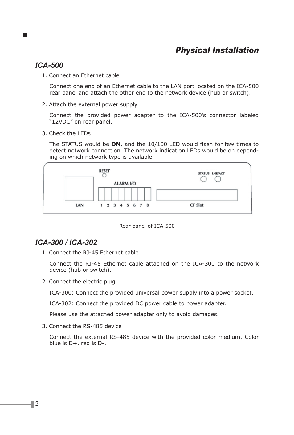 Physical installation, Ica-500 | PLANET ICA-500 User Manual | Page 4 / 8