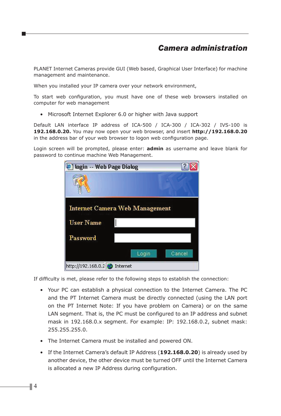 Camera administration | PLANET ICA-500 User Manual | Page 6 / 8