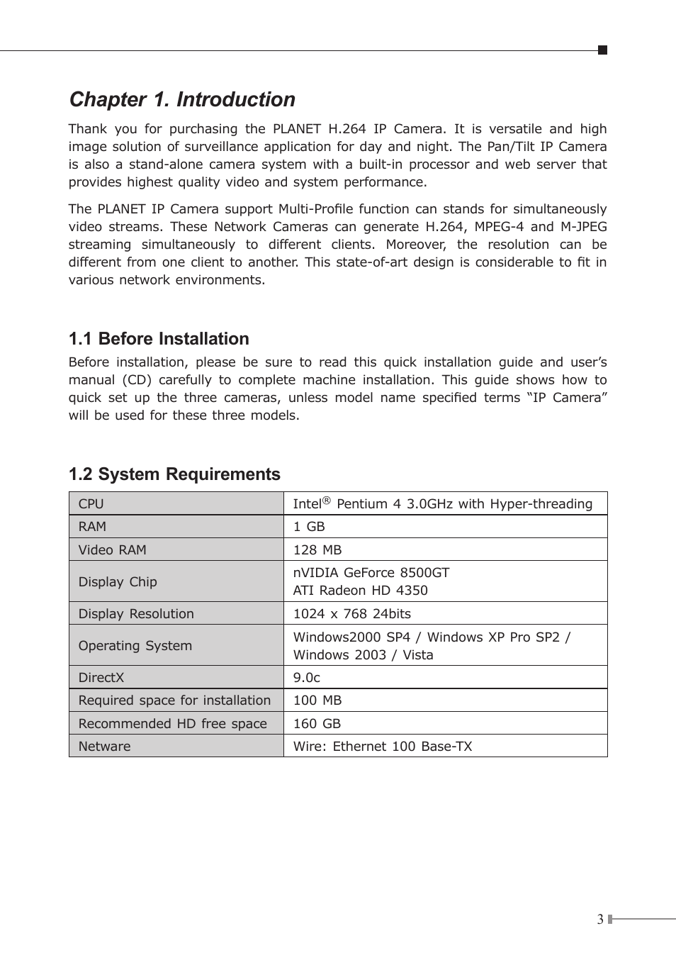 Chapter 1. introduction, 1 before installation, 2 system requirements | PLANET ICA-H312 User Manual | Page 3 / 16