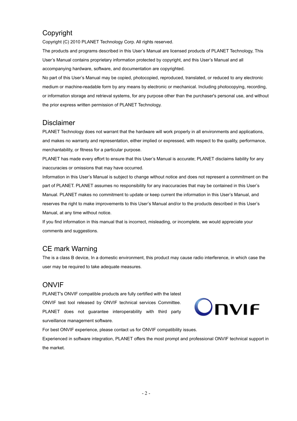 Copyright, Disclaimer, Ce mark warning | Onvif | PLANET ICA-H612 User Manual | Page 2 / 81