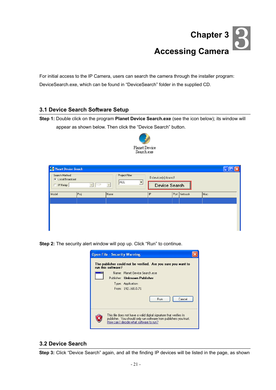 Chapter 3 accessing camera, 1 device search software setup, 2 device search | PLANET ICA-H612 User Manual | Page 21 / 81