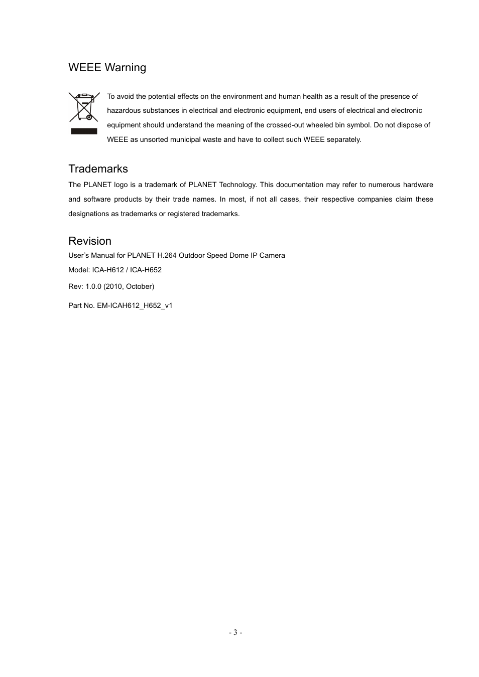 Weee warning, Trademarks, Revision | PLANET ICA-H612 User Manual | Page 3 / 81