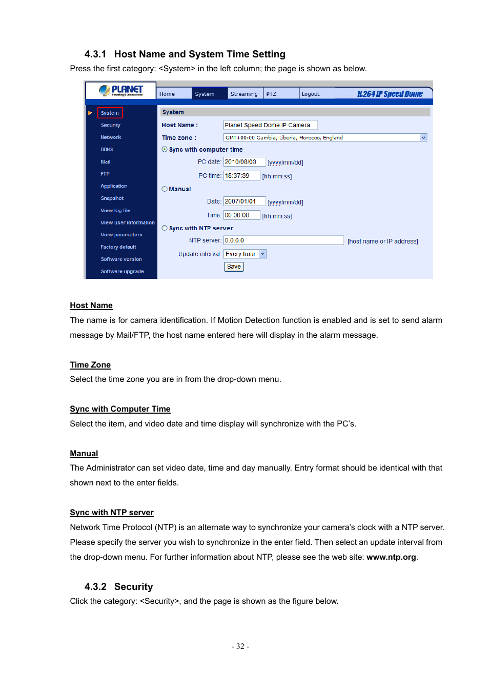 1 host name and system time setting, 2 security, Host name and system time setting | Security | PLANET ICA-H612 User Manual | Page 32 / 81