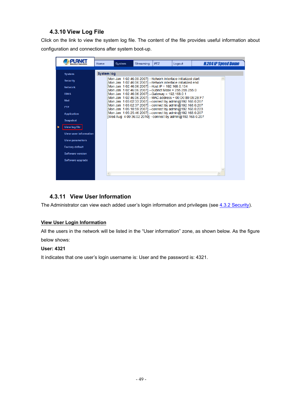 10 view log file, 11 view user information, View log file | View user information | PLANET ICA-H612 User Manual | Page 49 / 81