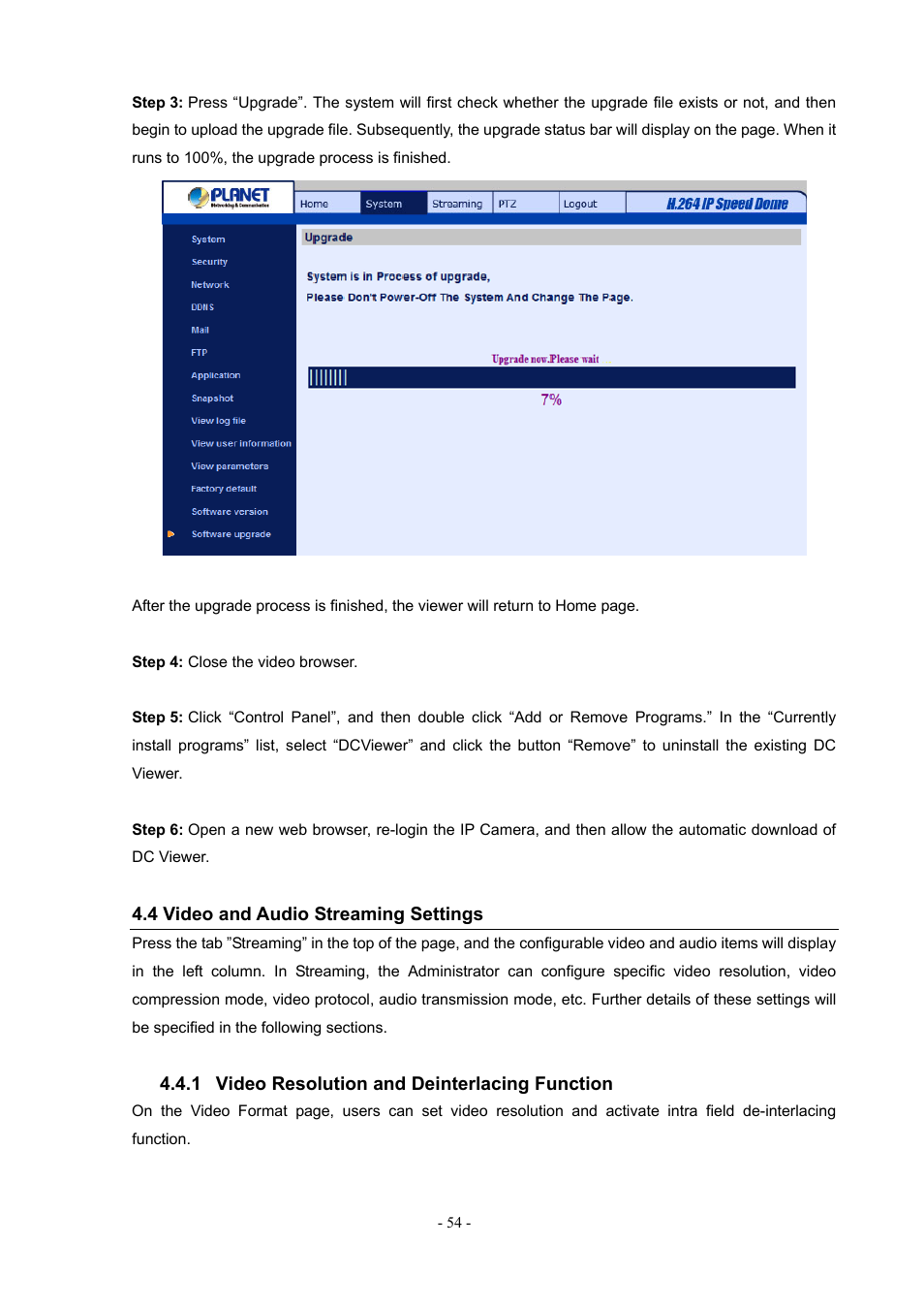 4 video and audio streaming settings, 1 video resolution and deinterlacing function, Video resolution and deinterlacing function | PLANET ICA-H612 User Manual | Page 54 / 81