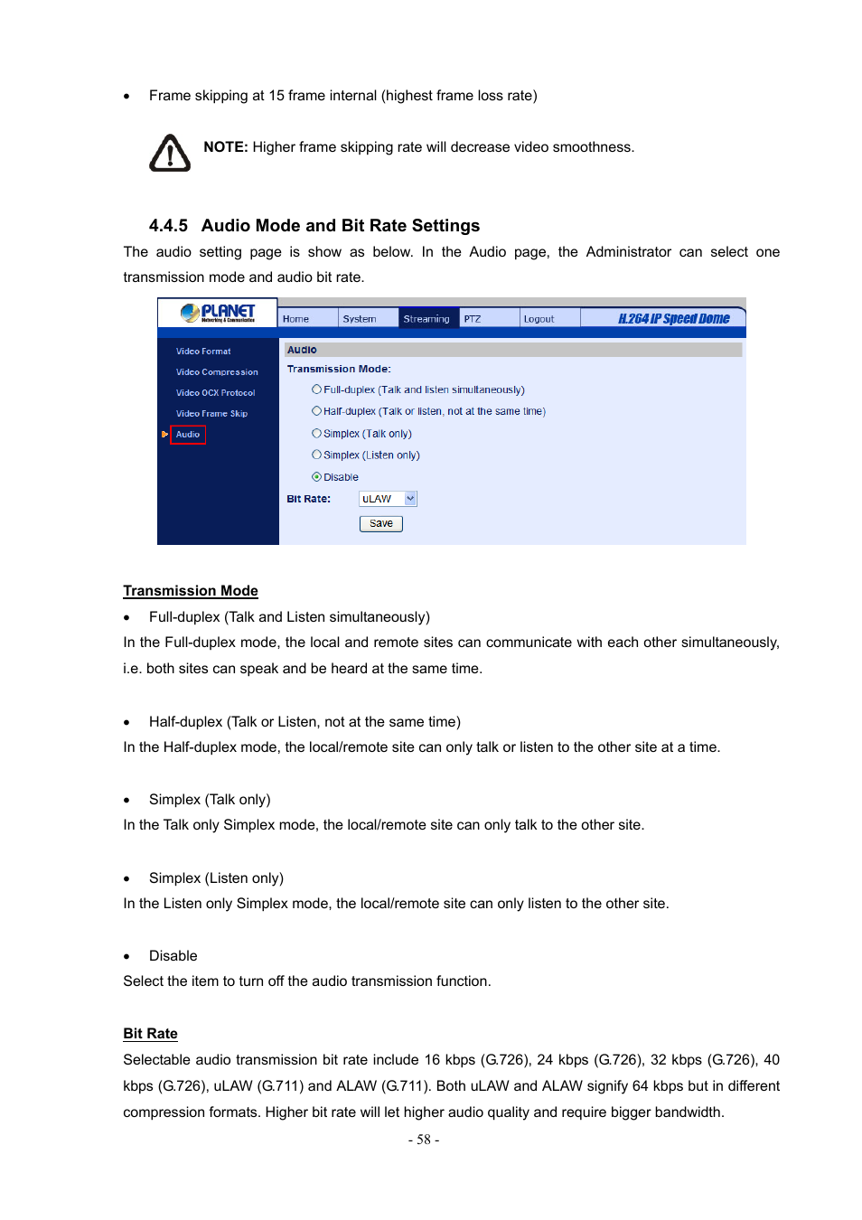 5 audio mode and bit rate settings, Audio mode and bit rate settings | PLANET ICA-H612 User Manual | Page 58 / 81